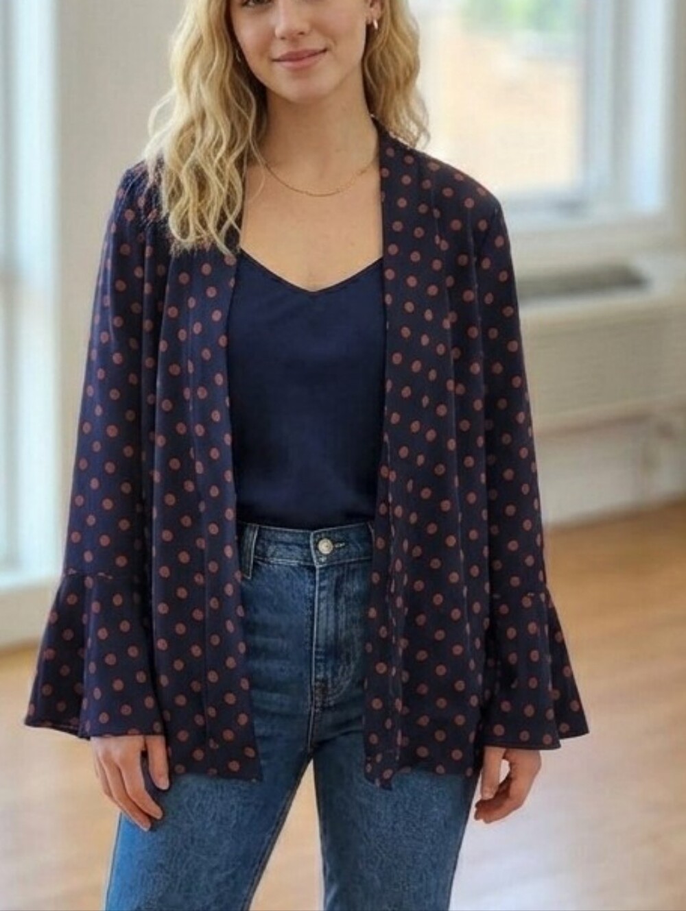 NEVER WORN Beautiful Polka Dots Ruffle Cardigan Sz Size M